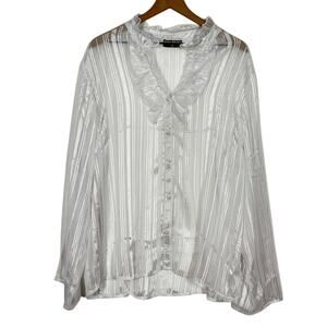 Moda Fresca Top Size 3X White Striped Metallic Ethereal Ruffle Trim Pearl Button